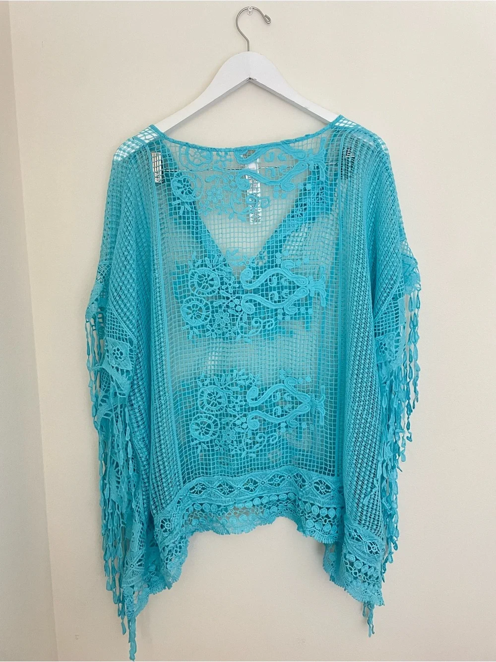Chico's Dandy Crochet Lace Fringe Poncho in Aqua Blue Resort Swim Coverup OS